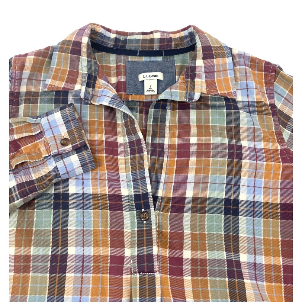 LL Bean Womens Small Plaid Popover Shirt Organic Cotton Tencel Brown Long Sleeve